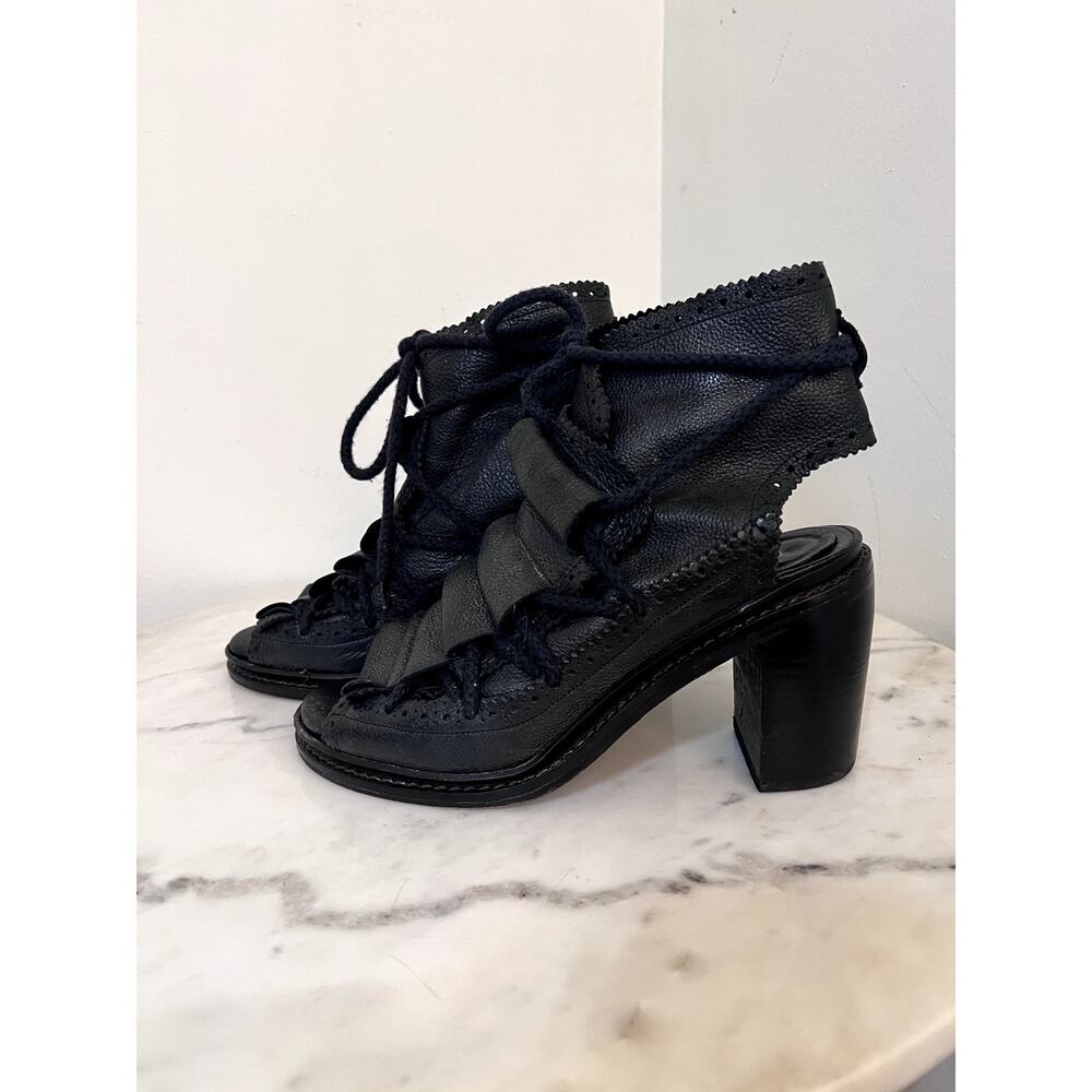 ARCHIVE 2014 Henrik Vibskov Blk Leather Lace-Up Open Toe Block Heel Sz 9